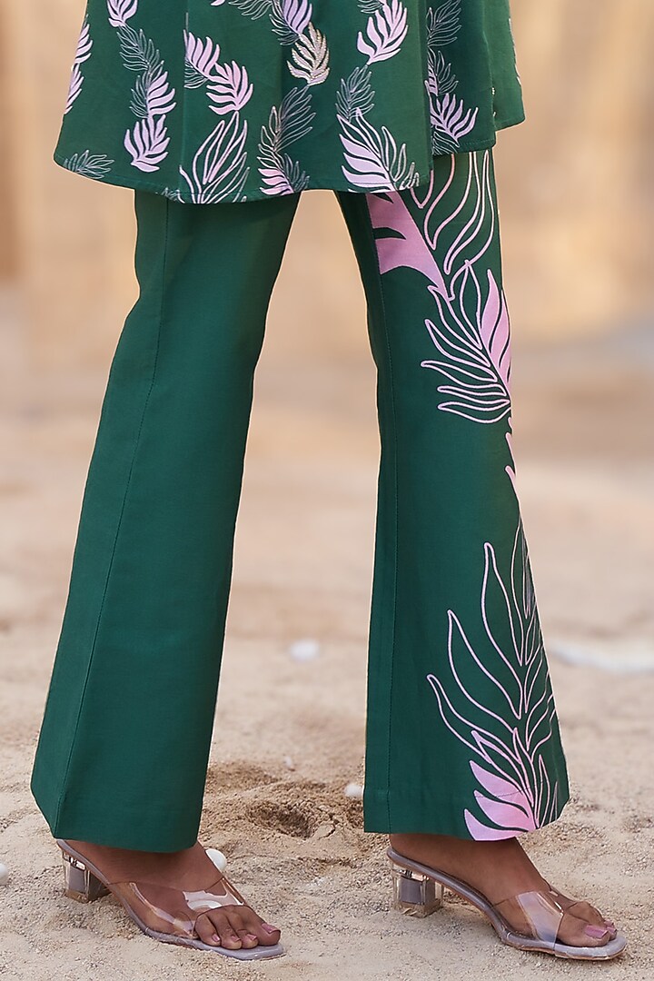 Green Cotton Satin Leaf Printed Co-Ord Set by Charkhee at Pernia's Pop Up Shop