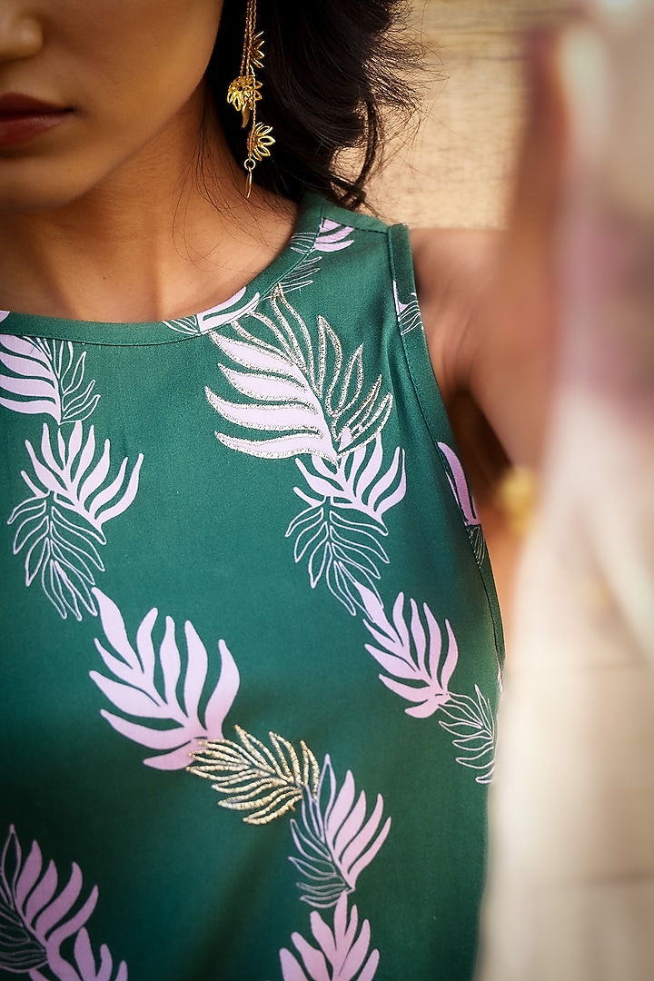 Green Cotton Satin Leaf Printed Co-Ord Set by Charkhee at Pernia's Pop Up Shop