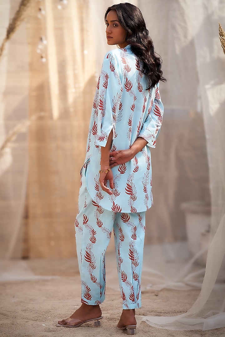 Light Blue Cotton Satin Leaf Printed Co-Ord Set by Charkhee at Pernia's Pop Up Shop