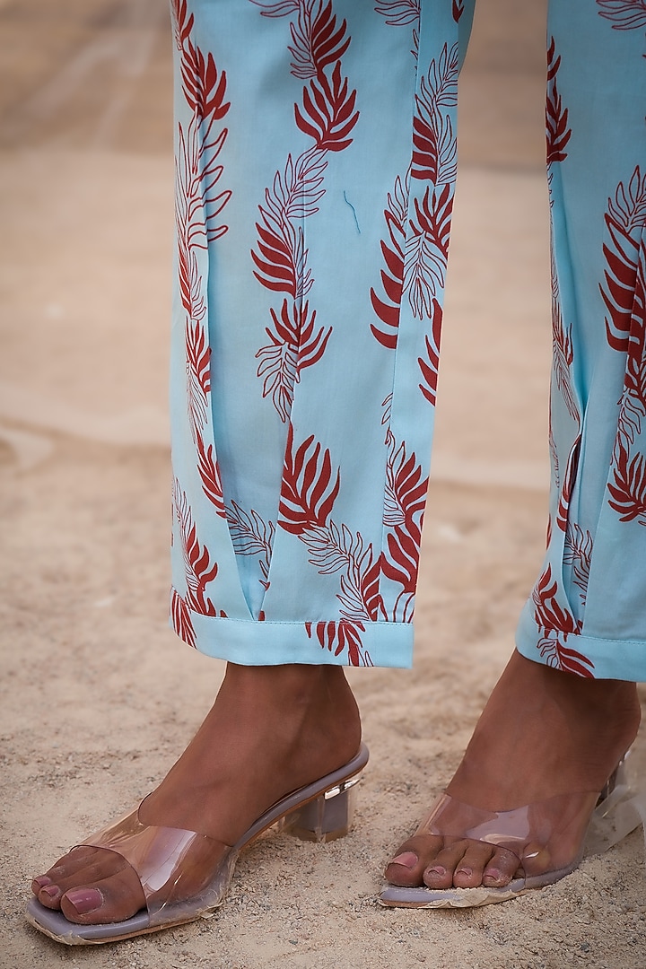 Light Blue Cotton Satin Leaf Printed Co-Ord Set by Charkhee at Pernia's Pop Up Shop