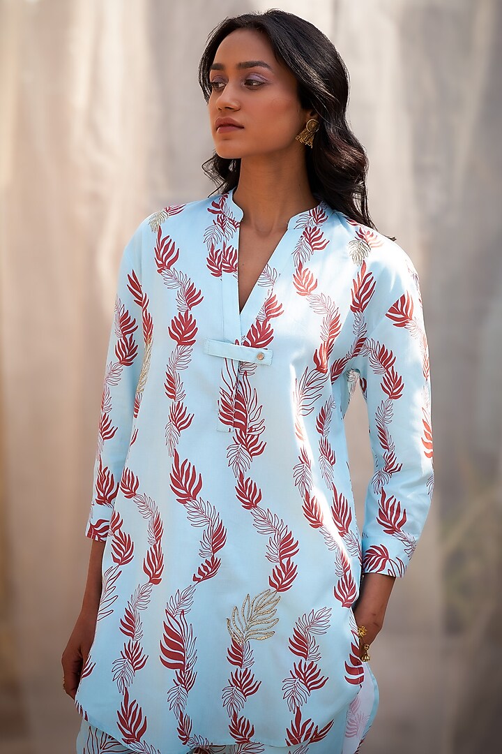 Light Blue Cotton Satin Leaf Printed Co-Ord Set by Charkhee at Pernia's Pop Up Shop