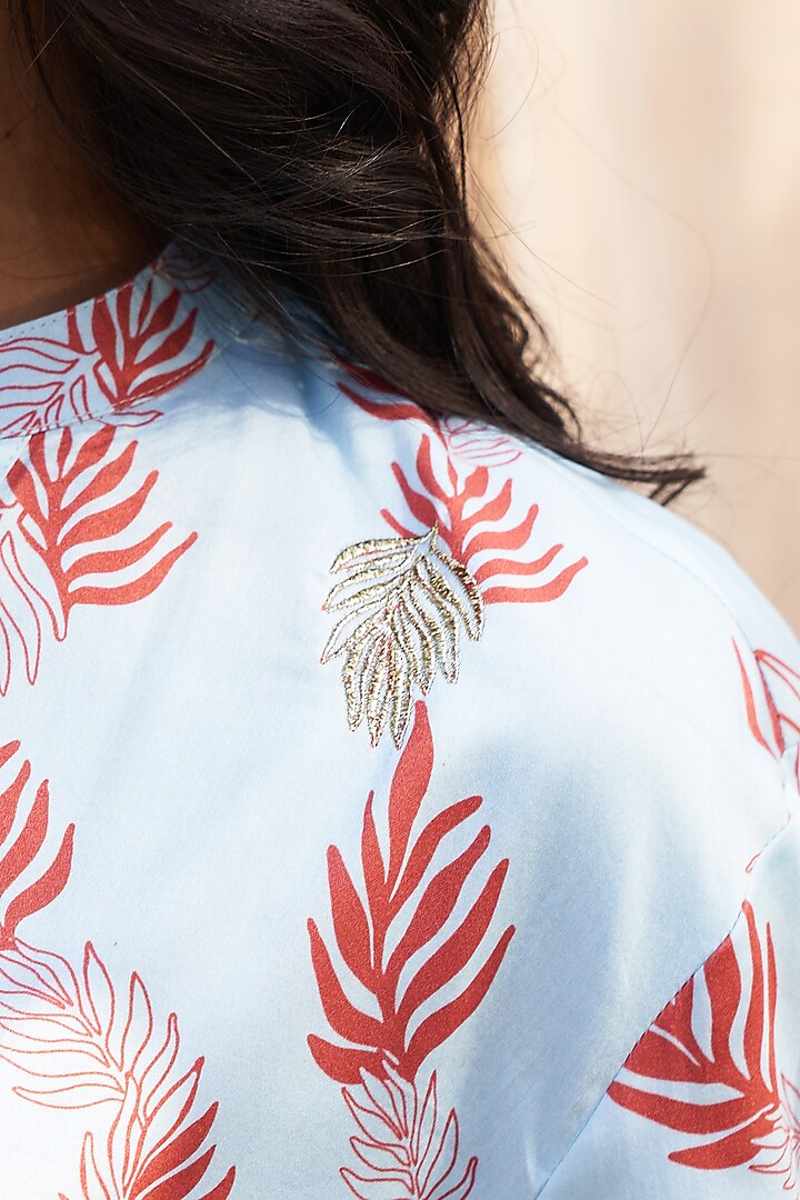 Light Blue Cotton Satin Leaf Printed Co-Ord Set by Charkhee at Pernia's Pop Up Shop