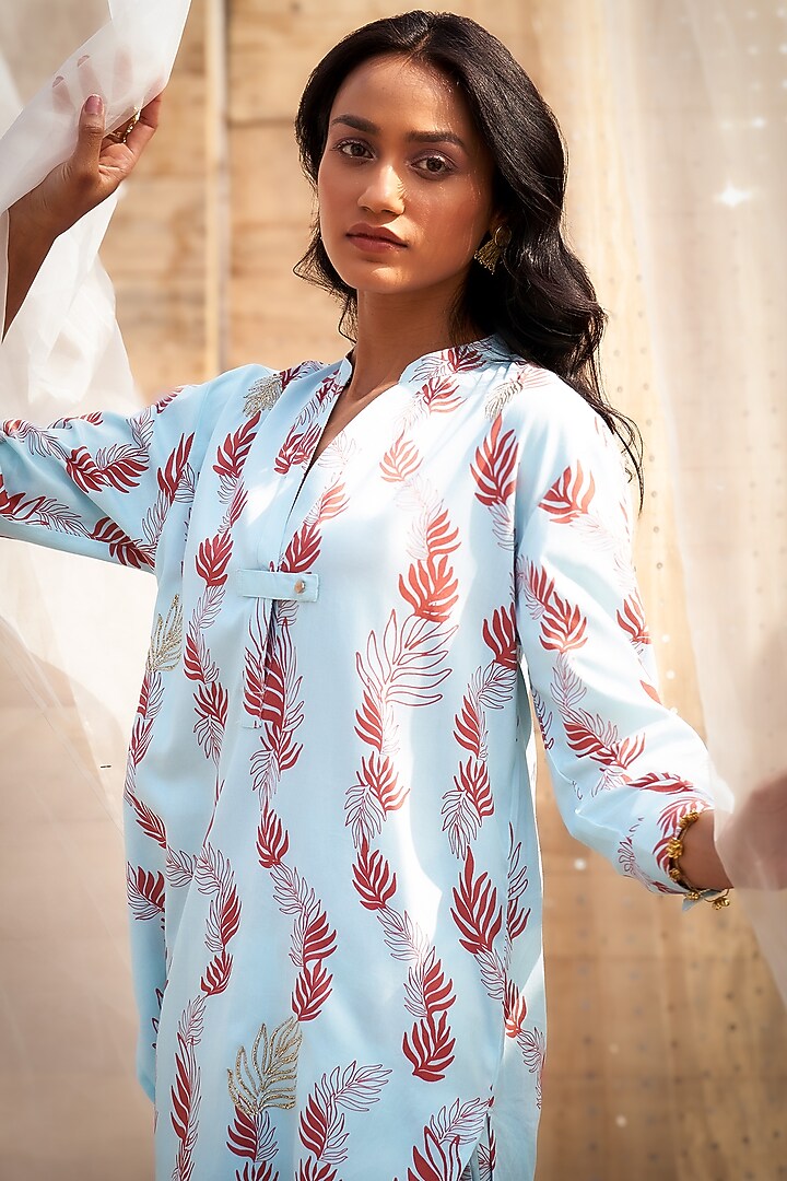 Light Blue Cotton Satin Leaf Printed Co-Ord Set by Charkhee at Pernia's Pop Up Shop