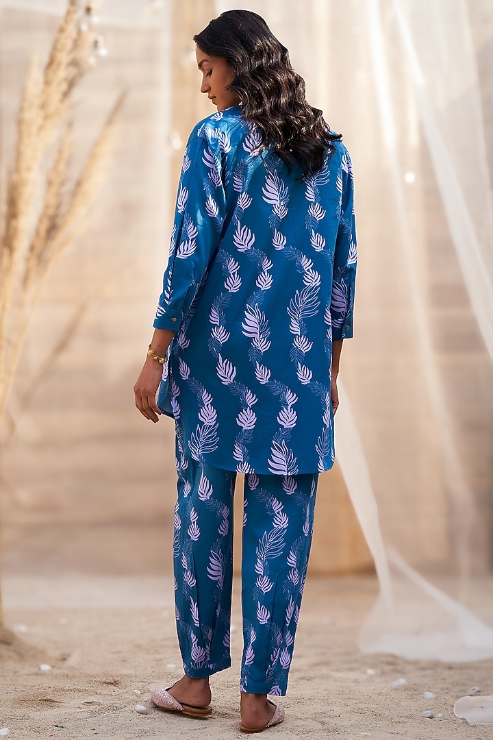 Deep Blue Cotton Satin Leaf Printed Co-Ord Set by Charkhee at Pernia's Pop Up Shop