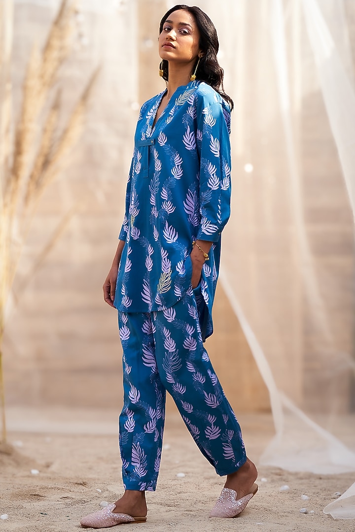 Deep Blue Cotton Satin Leaf Printed Co-Ord Set by Charkhee at Pernia's Pop Up Shop
