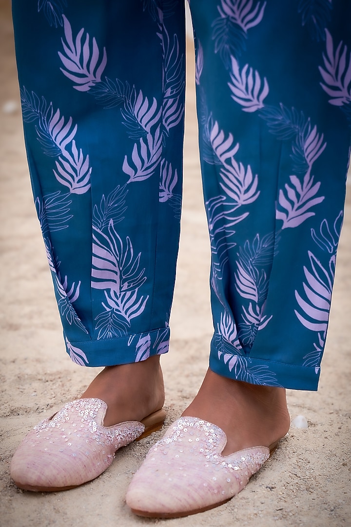 Deep Blue Cotton Satin Leaf Printed Co-Ord Set by Charkhee at Pernia's Pop Up Shop