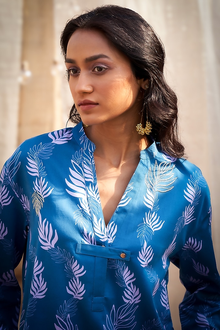 Deep Blue Cotton Satin Leaf Printed Co-Ord Set by Charkhee at Pernia's Pop Up Shop