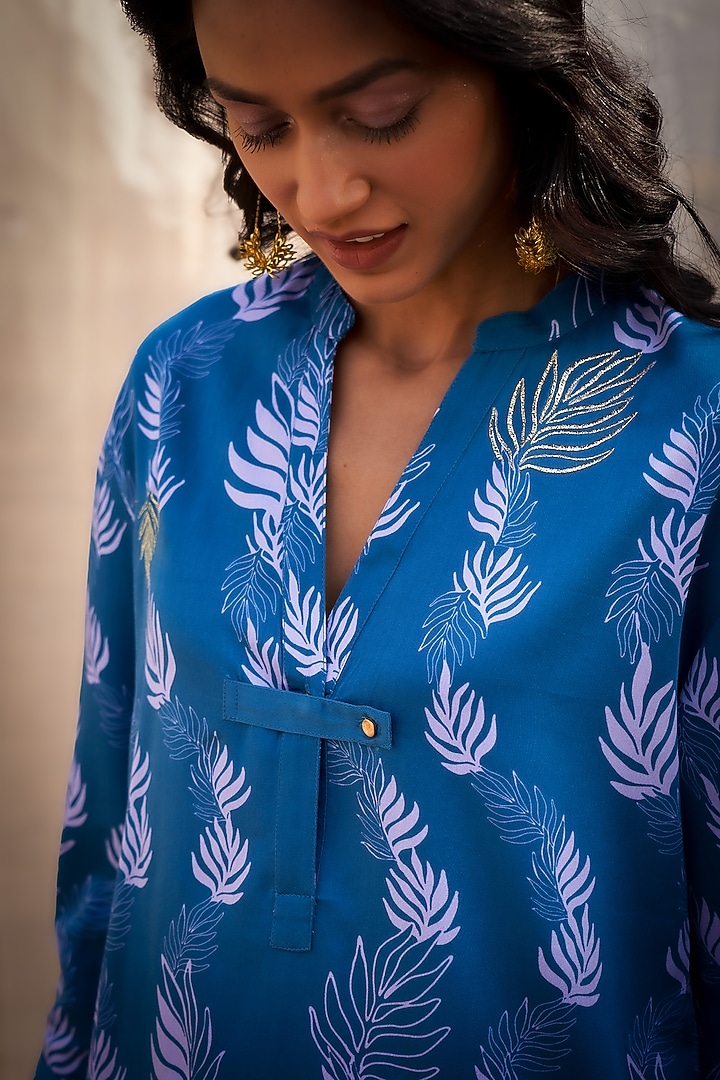 Deep Blue Cotton Satin Leaf Printed Co-Ord Set by Charkhee at Pernia's Pop Up Shop
