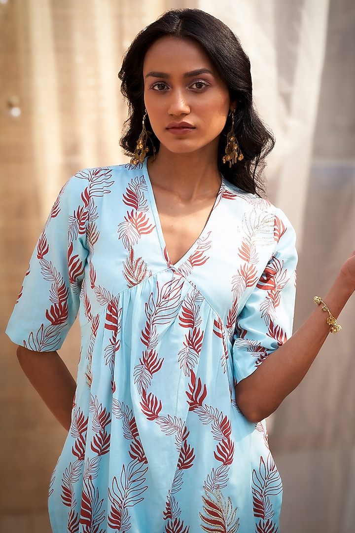 Light Blue Cotton Satin Leaf Printed Kurta Set by Charkhee at Pernia's Pop Up Shop