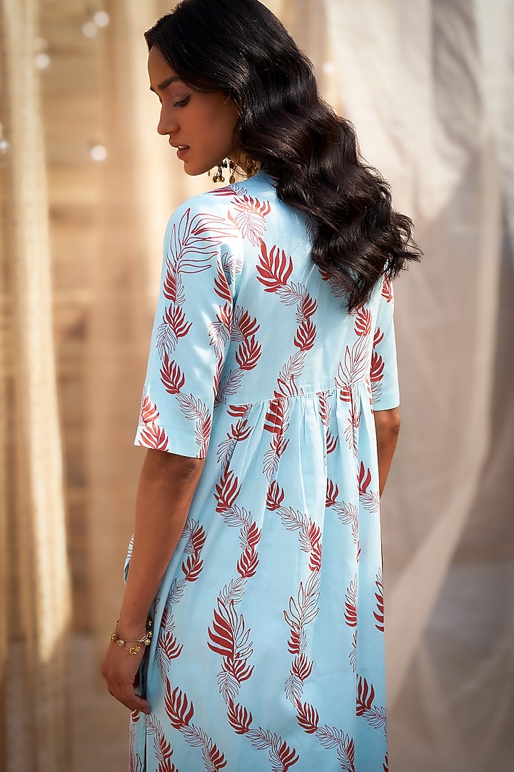 Light Blue Cotton Satin Leaf Printed Kurta Set by Charkhee at Pernia's Pop Up Shop