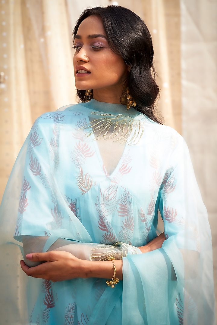 Light Blue Cotton Satin Leaf Printed Kurta Set by Charkhee at Pernia's Pop Up Shop