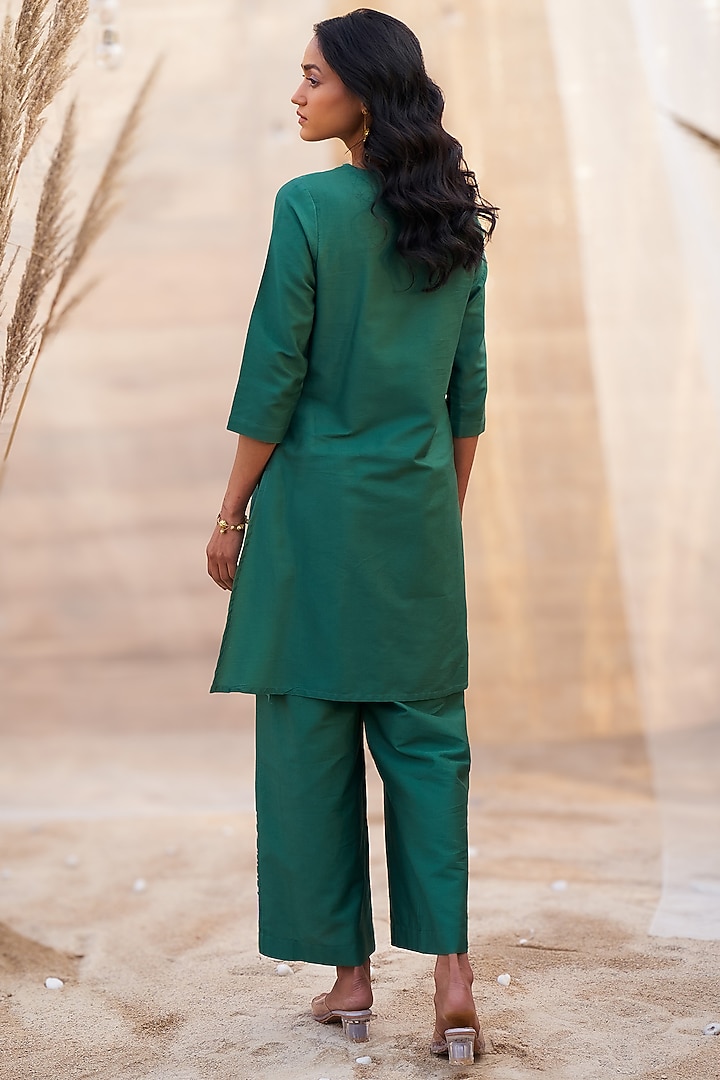Green Cotton Satin Leaf Printed Co-Ord Set by Charkhee at Pernia's Pop Up Shop