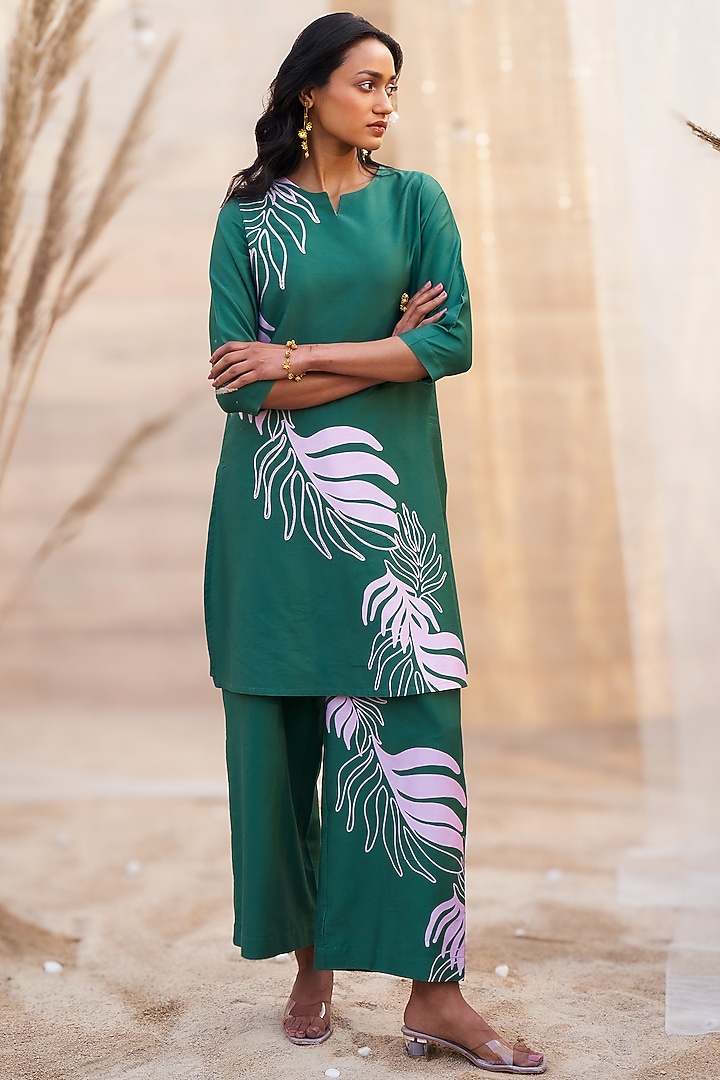Green Cotton Satin Leaf Printed Co-Ord Set by Charkhee at Pernia's Pop Up Shop