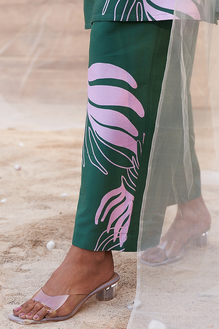 Green Cotton Satin Leaf Printed Co-Ord Set by Charkhee at Pernia's Pop Up Shop