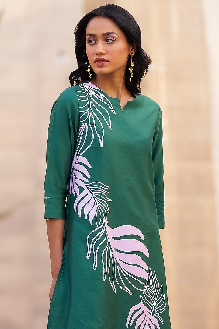 Green Cotton Satin Leaf Printed Co-Ord Set by Charkhee at Pernia's Pop Up Shop
