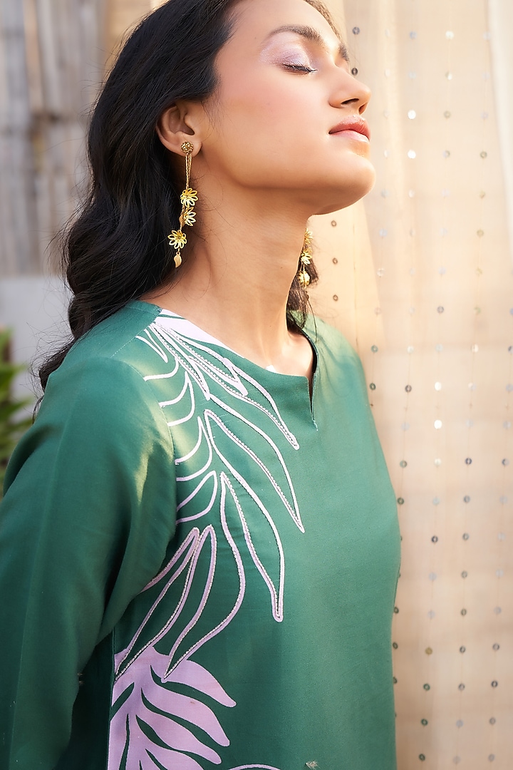Green Cotton Satin Leaf Printed Co-Ord Set by Charkhee at Pernia's Pop Up Shop