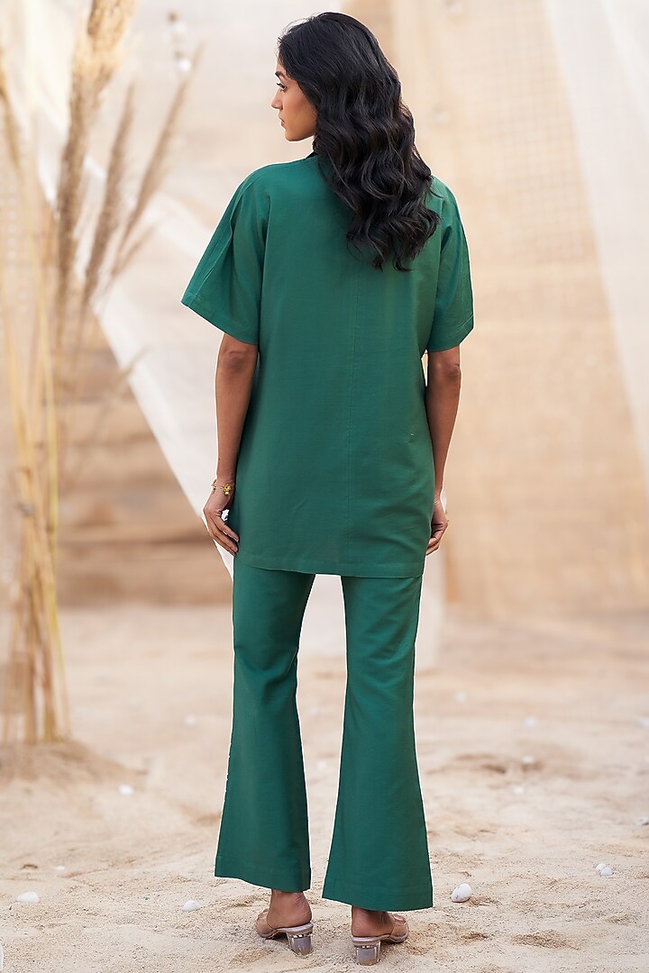 Green Cotton Satin Leaf Printed Co-Ord Set by Charkhee at Pernia's Pop Up Shop