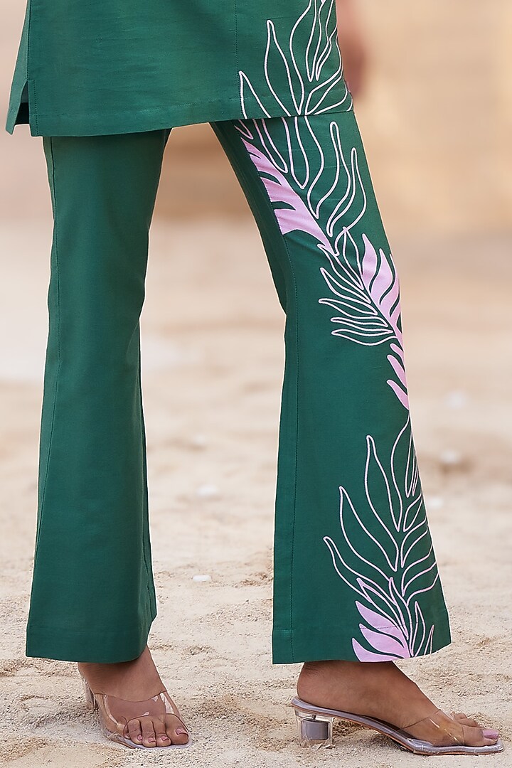 Green Cotton Satin Leaf Printed Co-Ord Set by Charkhee at Pernia's Pop Up Shop