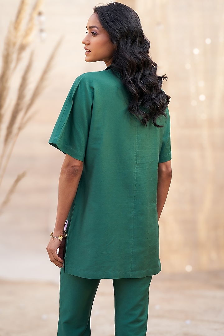 Green Cotton Satin Leaf Printed Co-Ord Set by Charkhee at Pernia's Pop Up Shop