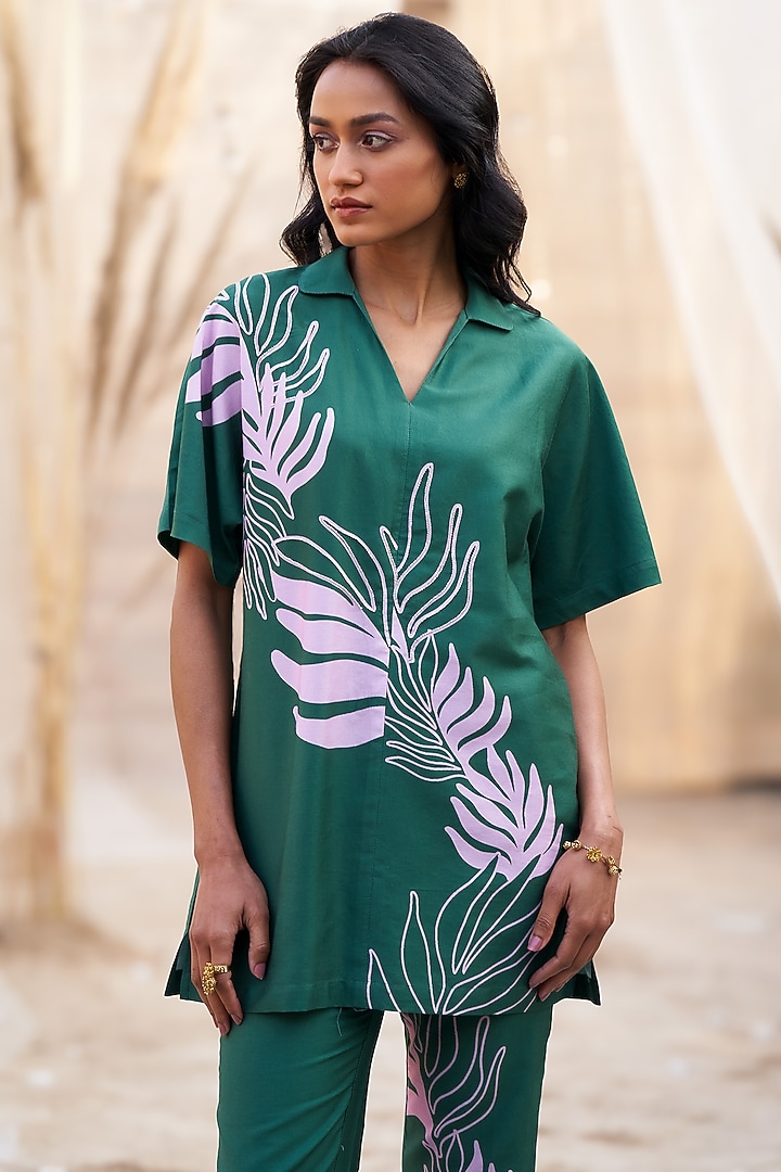 Green Cotton Satin Leaf Printed Co-Ord Set by Charkhee at Pernia's Pop Up Shop