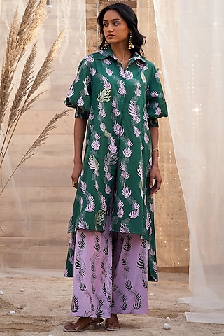 Green Cotton Satin Leaf Printed High-Low Kurta Set by Charkhee