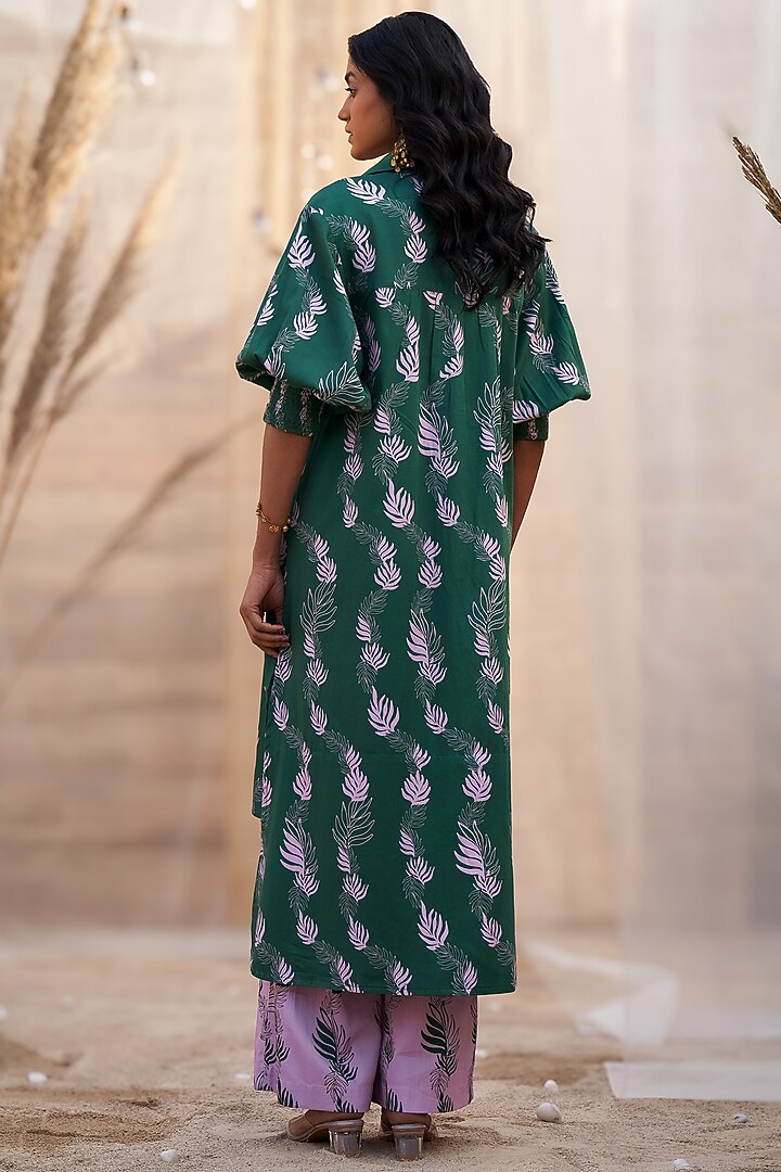 Green Cotton Satin Leaf Printed High-Low Kurta Set by Charkhee at Pernia's Pop Up Shop