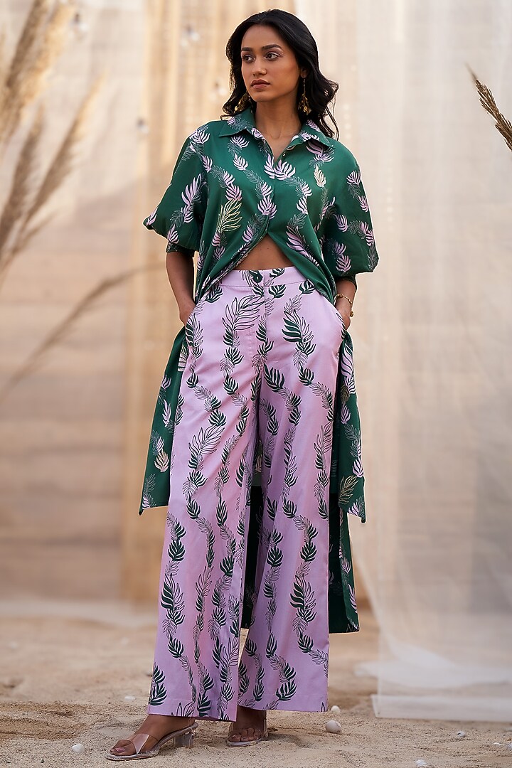 Green Cotton Satin Leaf Printed High-Low Kurta Set by Charkhee at Pernia's Pop Up Shop