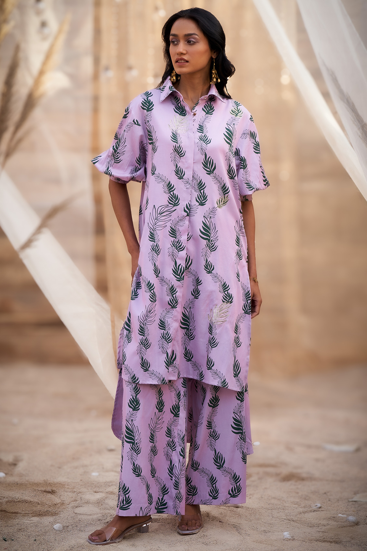 Pink Cotton Satin Leaf Printed High-Low Kurta Set by Charkhee at Pernia's Pop Up Shop