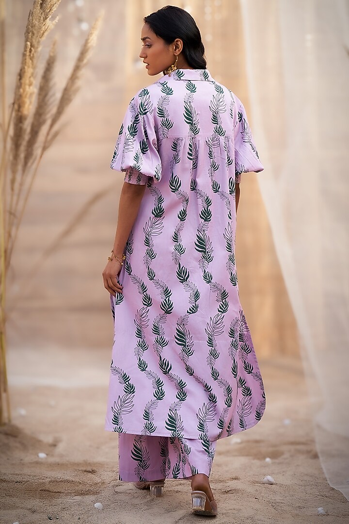 Pink Cotton Satin Leaf Printed High-Low Kurta Set by Charkhee at Pernia's Pop Up Shop