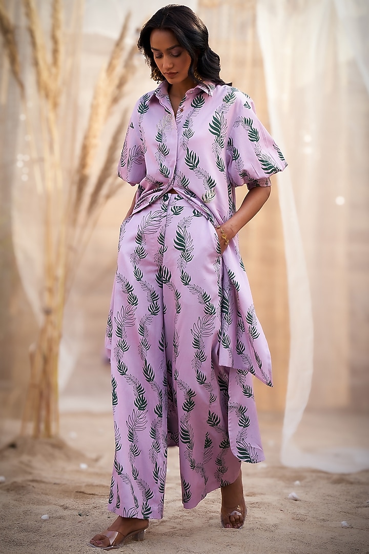Pink Cotton Satin Leaf Printed High-Low Kurta Set by Charkhee at Pernia's Pop Up Shop