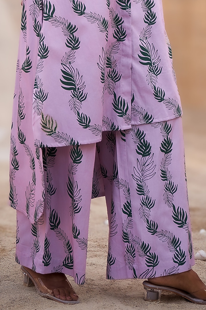 Pink Cotton Satin Leaf Printed High-Low Kurta Set by Charkhee at Pernia's Pop Up Shop