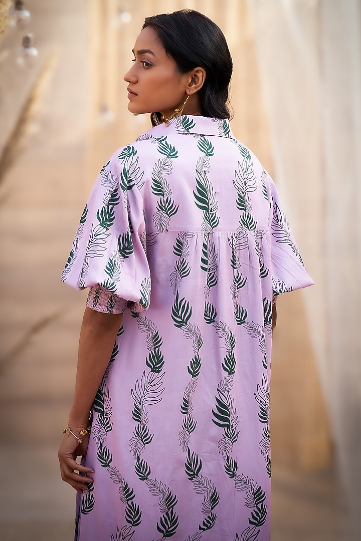 Pink Cotton Satin Leaf Printed High-Low Kurta Set by Charkhee at Pernia's Pop Up Shop