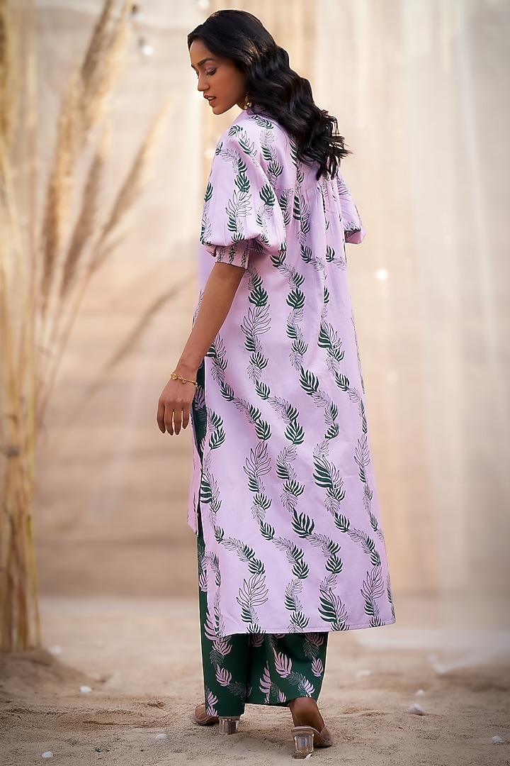 Pink Cotton Satin Leaf Printed High-Low Kurta Set by Charkhee at Pernia's Pop Up Shop