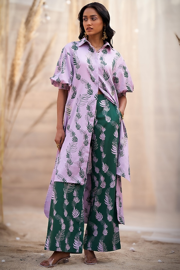 Pink Cotton Satin Leaf Printed High-Low Kurta Set by Charkhee at Pernia's Pop Up Shop
