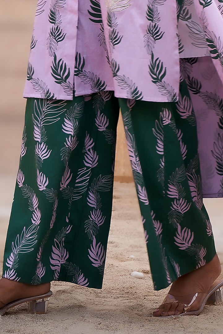 Pink Cotton Satin Leaf Printed High-Low Kurta Set by Charkhee at Pernia's Pop Up Shop