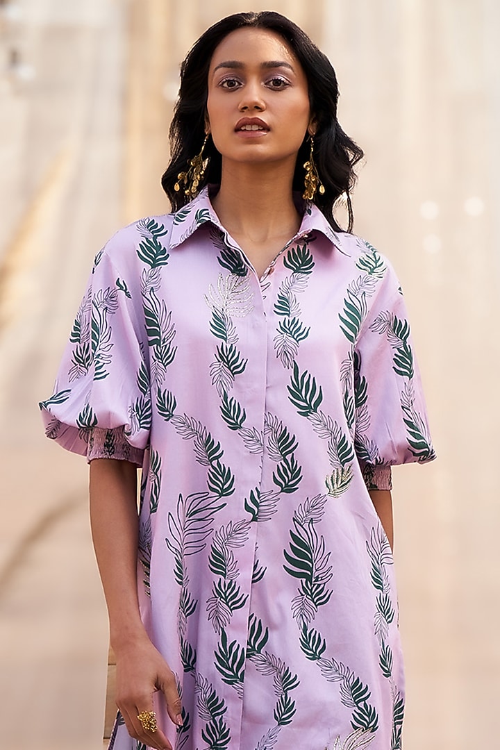 Pink Cotton Satin Leaf Printed High-Low Kurta Set by Charkhee at Pernia's Pop Up Shop