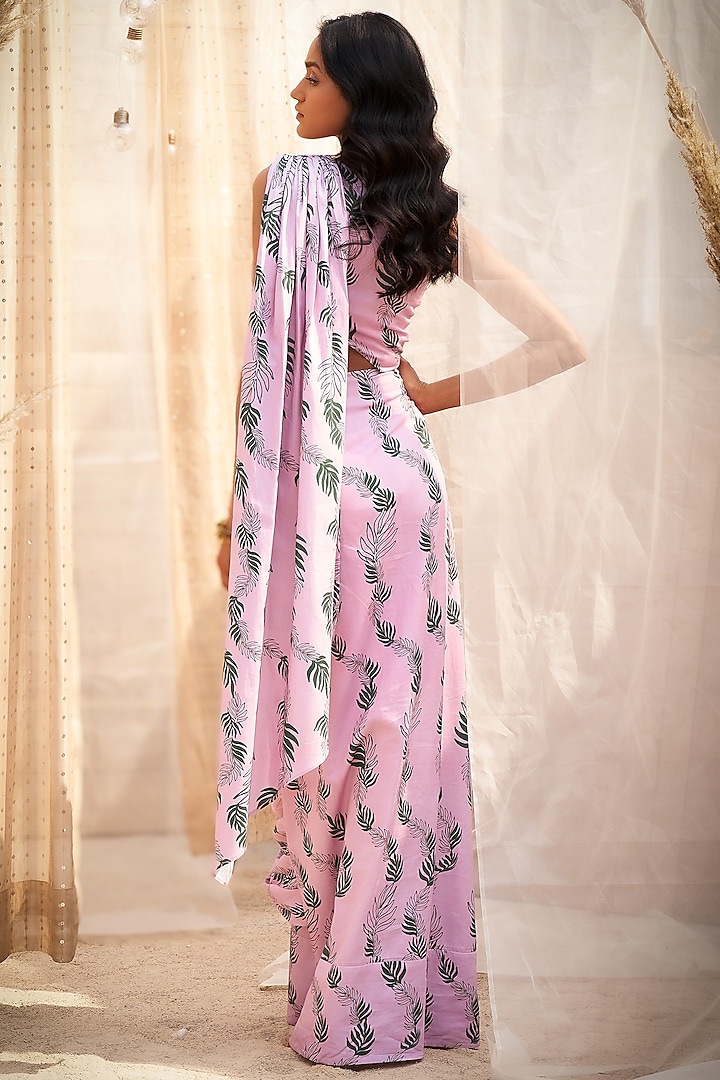 Pink Cotton Satin Leaf Printed Draped Saree Vacation Dress by Charkhee at Pernia's Pop Up Shop