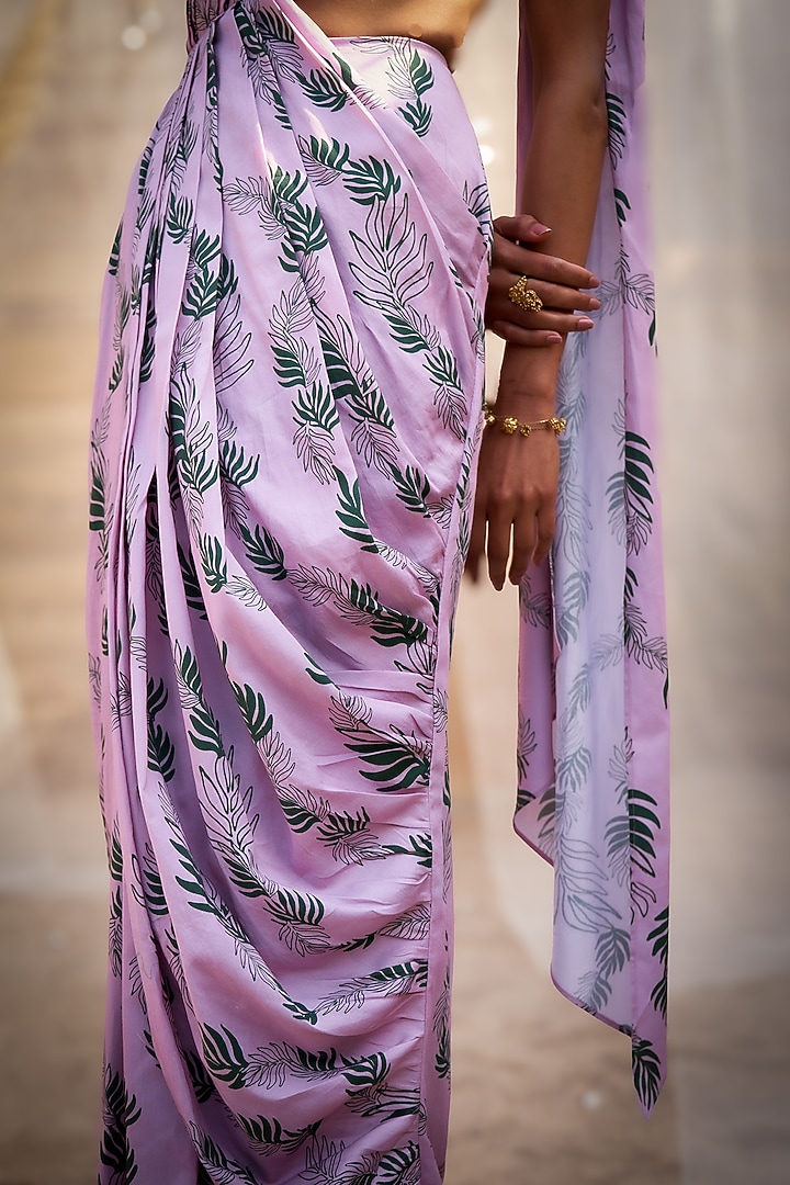 Pink Cotton Satin Leaf Printed Draped Saree Vacation Dress by Charkhee at Pernia's Pop Up Shop