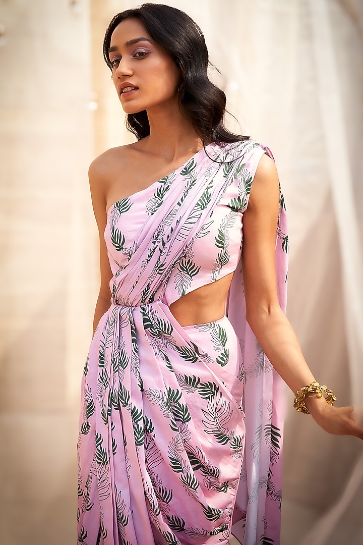 Pink Cotton Satin Leaf Printed Draped Saree Vacation Dress by Charkhee at Pernia's Pop Up Shop