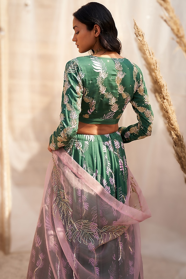 Green Cotton Satin Motif Printed Wedding Lehenga Set by Charkhee at Pernia's Pop Up Shop