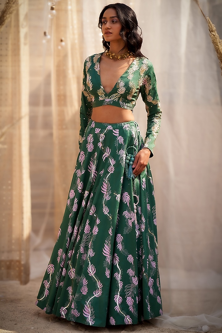 Green Cotton Satin Motif Printed Wedding Lehenga Set by Charkhee at Pernia's Pop Up Shop