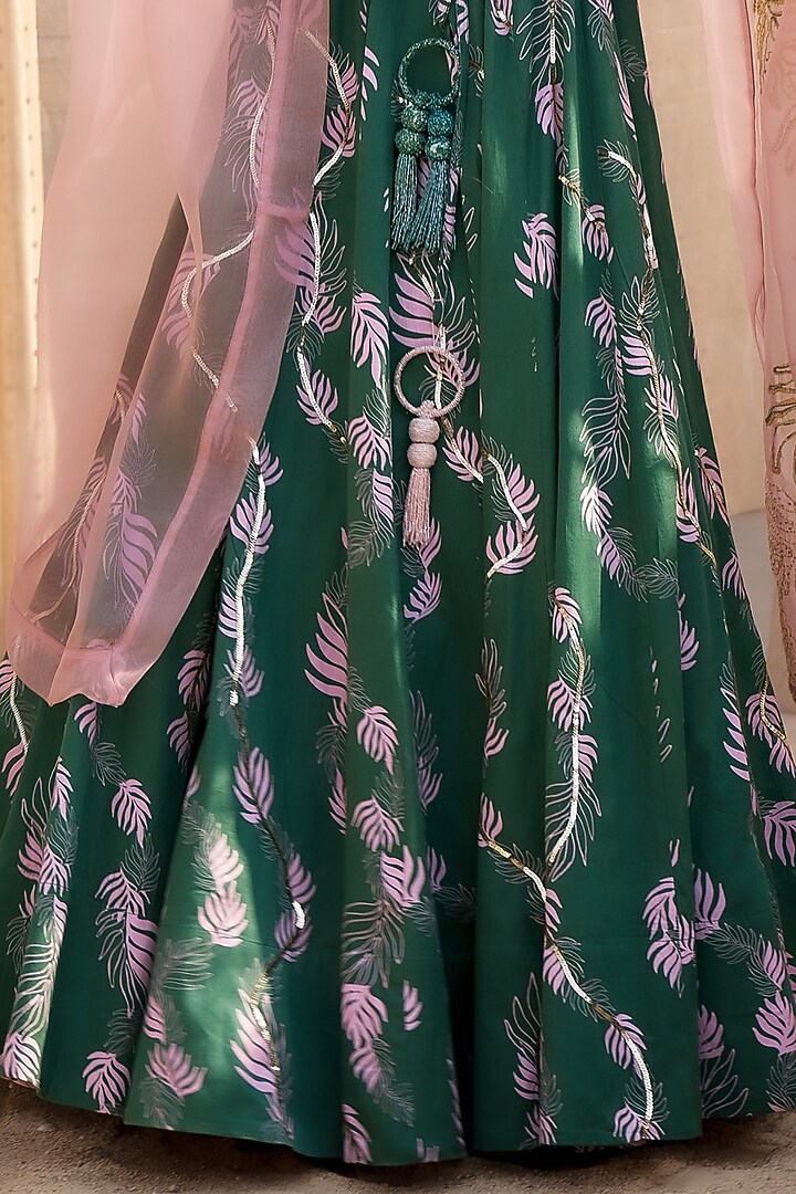 Green Cotton Satin Motif Printed Wedding Lehenga Set by Charkhee at Pernia's Pop Up Shop