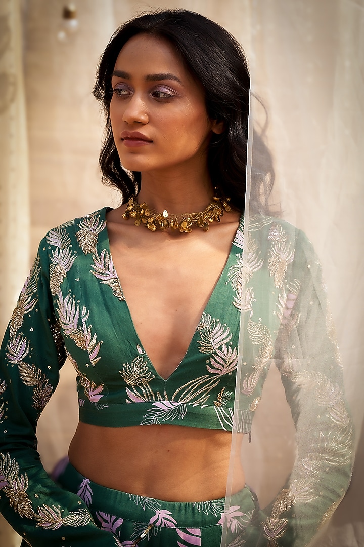 Green Cotton Satin Motif Printed Wedding Lehenga Set by Charkhee at Pernia's Pop Up Shop
