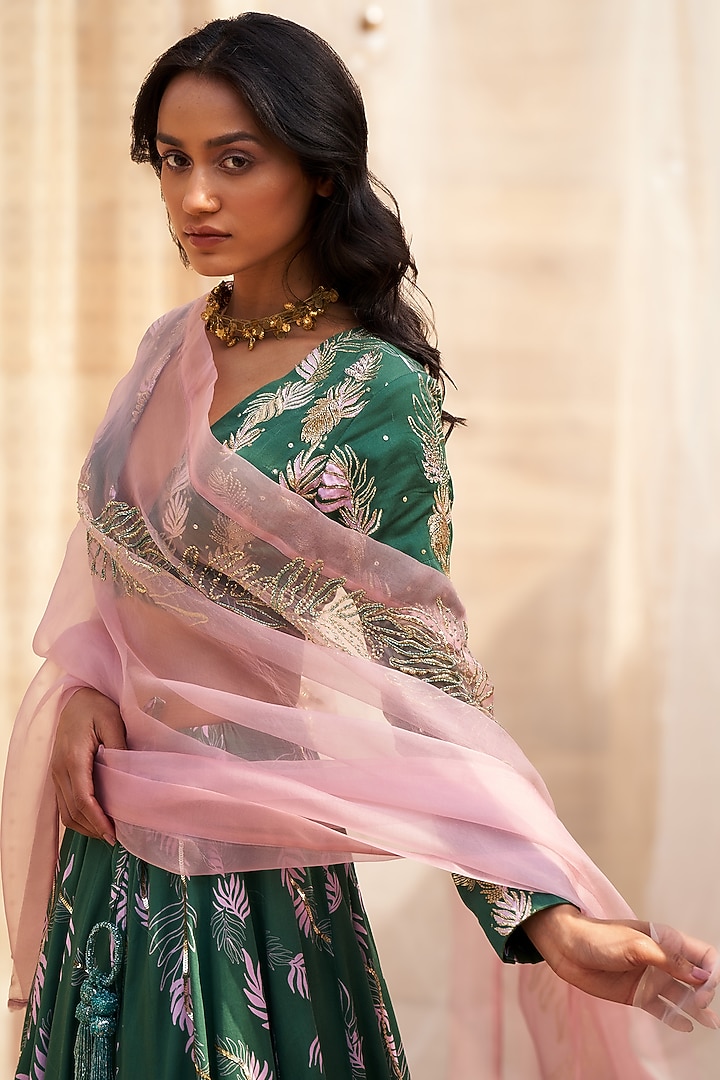 Green Cotton Satin Motif Printed Wedding Lehenga Set by Charkhee at Pernia's Pop Up Shop