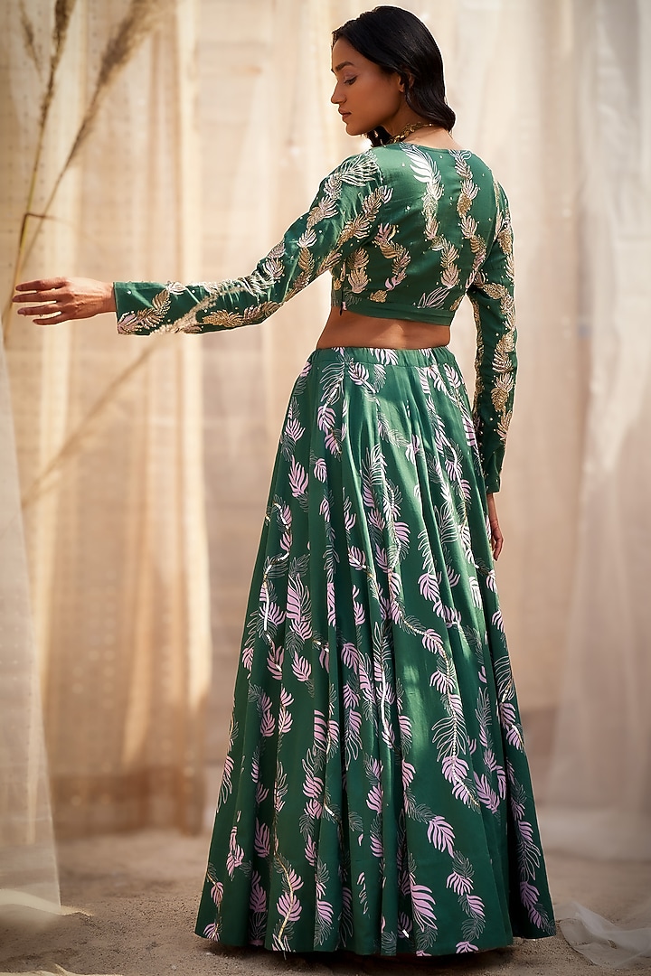 Green Cotton Satin Motif Printed Wedding Lehenga Set by Charkhee at Pernia's Pop Up Shop