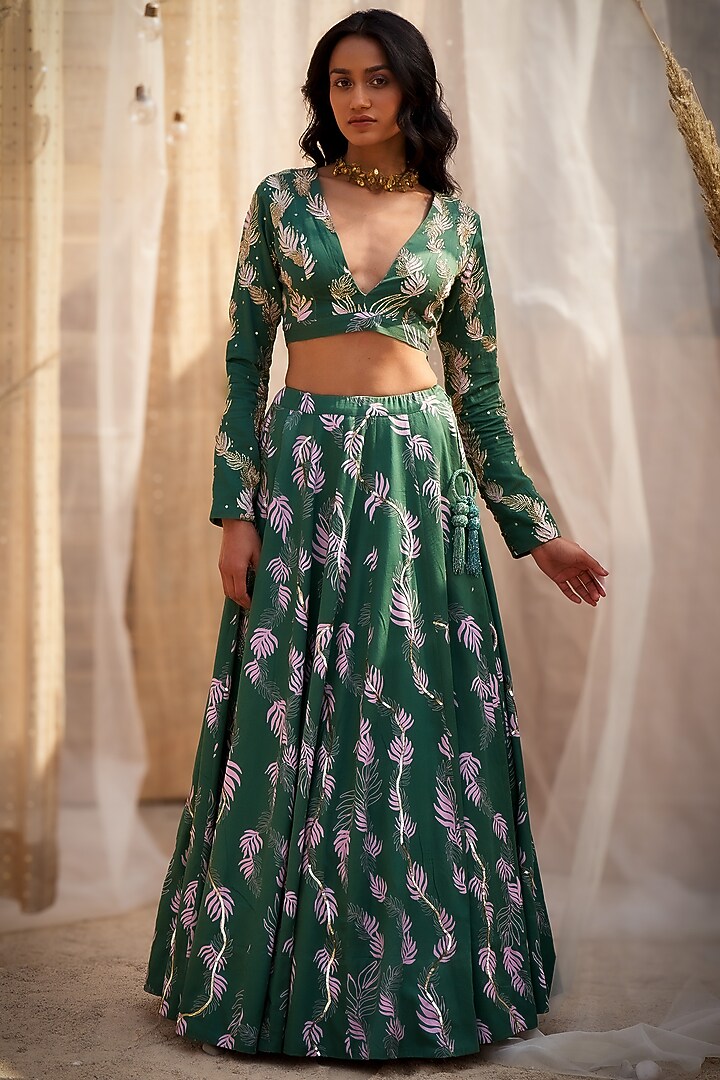 Green Cotton Satin Motif Printed Wedding Lehenga Set by Charkhee at Pernia's Pop Up Shop