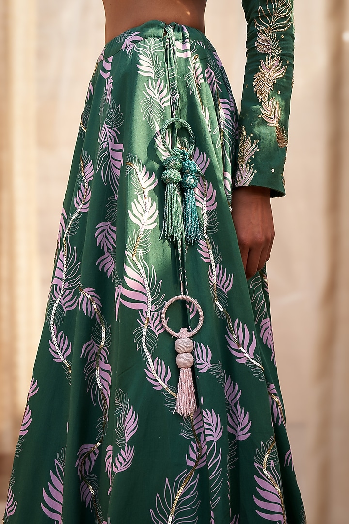 Green Cotton Satin Motif Printed Wedding Lehenga Set by Charkhee at Pernia's Pop Up Shop