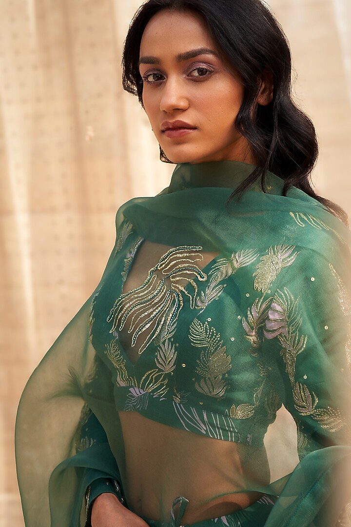 Green Cotton Satin Motif Printed Wedding Lehenga Set by Charkhee at Pernia's Pop Up Shop