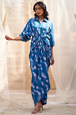 Deep Blue Cotton Satin Draped Skirt Dress by Charkhee