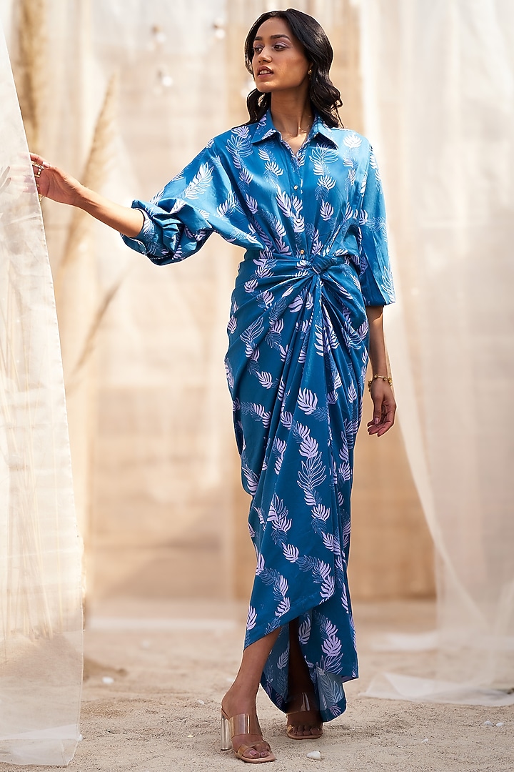 Deep Blue Cotton Satin Draped Skirt Summer Dress by Charkhee at Pernia's Pop Up Shop